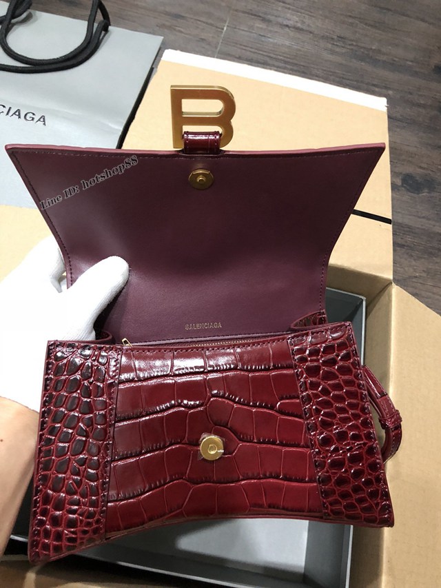 Balenciaga專櫃爆款大號手提女包 巴黎世家升級版鱷魚酒紅色金扣Hourglass沙漏包 fyj1648